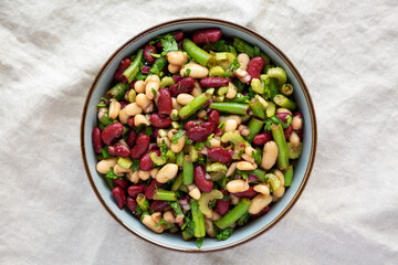 Homemade Three Bean Salad in a Bowl, top view. Flat lay, overhead, from above.