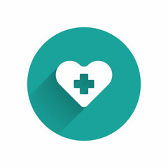 White Heart with a cross icon isolated with long shadow. First aid. Healthcare, medical and pharmacy sign. Green circle button. Vector Illustration