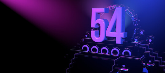 Solid number 54 on a reflective black stage illuminated with blue and red lights against a black background. 3D Illustration
