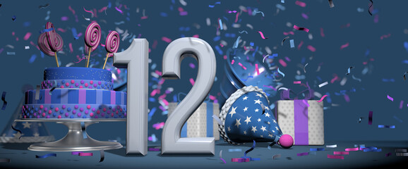 Solid white number 12 in the foreground, birthday cake decorated with candies, gifts and party hat with confetti ejecting bugles, against dark blue background. 3D Illustration
