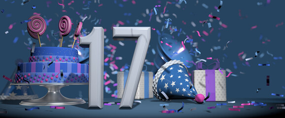 Solid white number 17 in the foreground, birthday cake decorated with candies, gifts and party hat with confetti ejecting bugles, against dark blue background. 3D Illustration