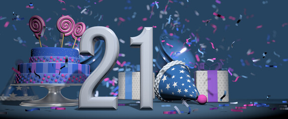 Solid white number 21 in the foreground, birthday cake decorated with candies, gifts and party hat with confetti ejecting bugles, against dark blue background. 3D Illustration