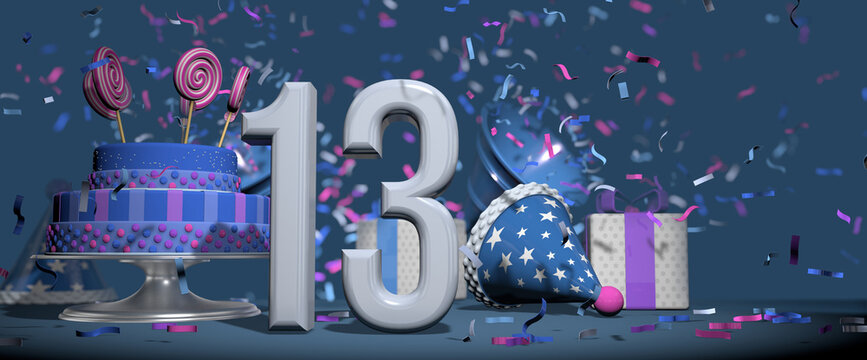 Solid white number 13 in the foreground, birthday cake decorated with candies, gifts and party hat with confetti ejecting bugles, against dark blue background. 3D Illustration