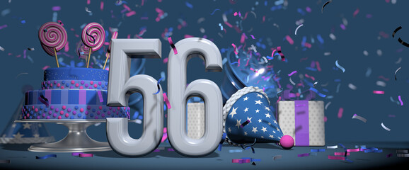 Solid white number 56 in the foreground, birthday cake decorated with candies, gifts and party hat with confetti ejecting bugles, against dark blue background. 3D Illustration - obrazy, fototapety, plakaty