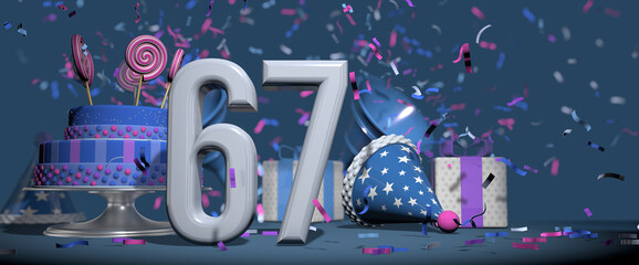 Solid white number 67 in the foreground, birthday cake decorated with candies, gifts and party hat with confetti ejecting bugles, against dark blue background. 3D Illustration