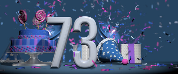 Solid white number 73 in the foreground, birthday cake decorated with candies, gifts and party hat with confetti ejecting bugles, against dark blue background. 3D Illustration