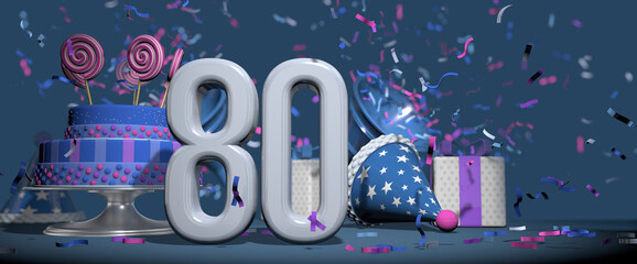 Solid white number 80 in the foreground, birthday cake decorated with candies, gifts and party hat with confetti ejecting bugles, against dark blue background. 3D Illustration