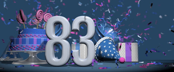 Solid white number 83 in the foreground, birthday cake decorated with candies, gifts and party hat with confetti ejecting bugles, against dark blue background. 3D Illustration