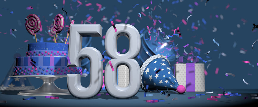 Solid white number 58 in the foreground, birthday cake decorated with candies, gifts and party hat with confetti ejecting bugles, against dark blue background. 3D Illustration