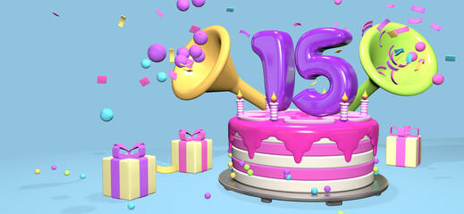 Pink birthday cake with thick purple number 15 surrounded by gift boxes with horns ejecting confetti on pastel blue background. 3D Illustration