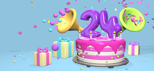 Pink birthday cake with thick purple number 24 surrounded by gift boxes with horns ejecting confetti on pastel blue background. 3D Illustration