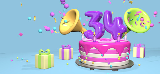 Pink birthday cake with thick purple number 34 surrounded by gift boxes with horns ejecting confetti on pastel blue background. 3D Illustration