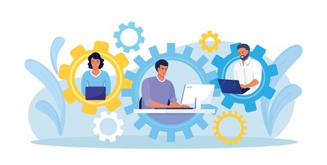 Global outsourcing, freelance. Teamwork and project delegation. Employee work from home remotely. People with different skills connecting together online and working on the same project, remote work