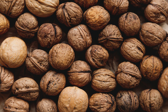 Walnuts with shells filling the image. Background of fresh walnuts.
