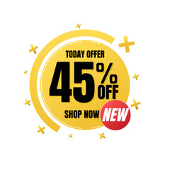 45% percent off, shop, now, Today offer, 3D yellow design of a bubble, with various background details, Vector illustration, Forty five 