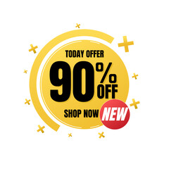 90% percent off, shop, now, Today offer, 3D yellow design of a bubble, with various background details, Vector illustration, Ninety 