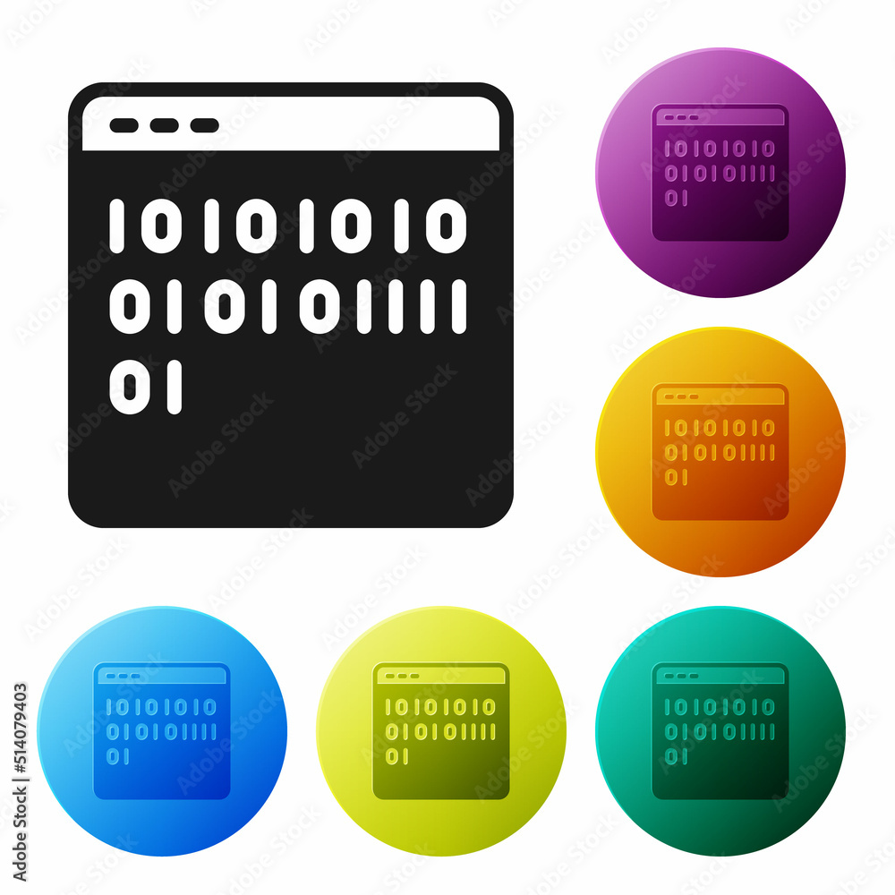 Poster black binary code icon isolated on white background. set icons in color circle buttons. vector