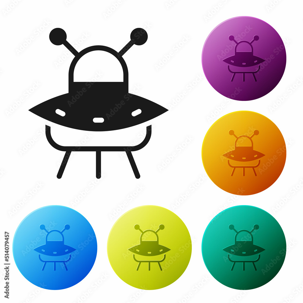Poster black ufo flying spaceship icon isolated on white background. flying saucer. alien space ship. futur