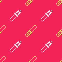 Yellow Chainsaw icon isolated seamless pattern on red background. Vector