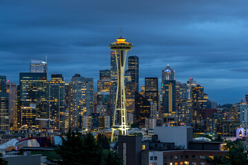 Seattle Washington Skyline at the Blue Hour with Space Needle lit up.