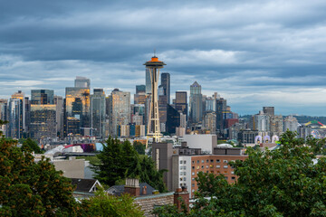 Seattle Washington Cityscape at dusk on cloudy day.