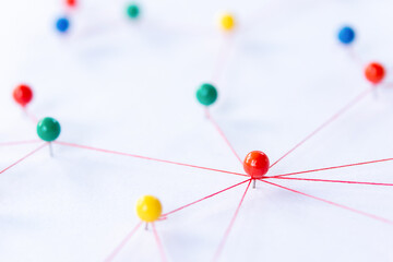 Linking entities, Blockchain, social media, Communications Network, The connection between the two networks. Network simulation on paper linked together by yarn