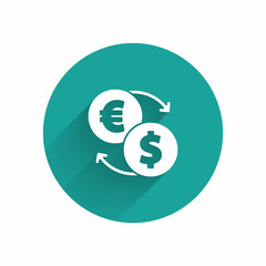 White Money exchange icon isolated with long shadow. Euro and Dollar cash transfer symbol. Banking currency sign. Green circle button. Vector