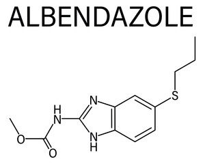 Skeletal formula of Albendazole anthelmintic drug molecule. Used in treatment of parasitic worm infestations.