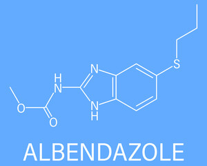 Skeletal formula of Albendazole anthelmintic drug molecule. Used in treatment of parasitic worm infestations.