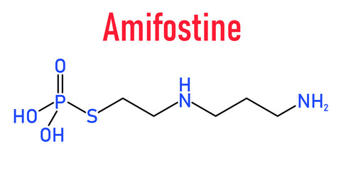 Skeletal formula of amifostine cancer drug molecule. Adjuvant drug that protects against cancer chemotherapy side effects.