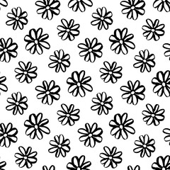 Small beautiful black ink flowers isolated on white background. Cute monochrome floral seamless pattern. Vector simple flat graphic hand drawn illustration. Texture.