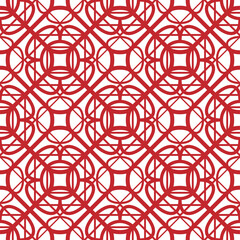 Red thin lines, rhombuses, squares and flowers isolated on white background. Monochrome geometric tiled floral seamless pattern. Vector simple flat graphic illustration. Texture.
