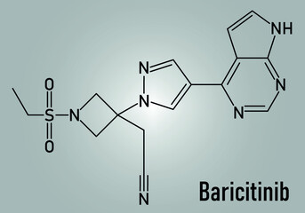 Skeletal formula of Baricitinib inhibitor drug molecule. Under development for treatment of rheumatoid arthritis, psoriasis, etc. - obrazy, fototapety, plakaty