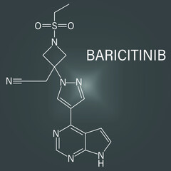 Skeletal formula of Baricitinib inhibitor drug molecule. Under development for treatment of rheumatoid arthritis, psoriasis, etc. - obrazy, fototapety, plakaty