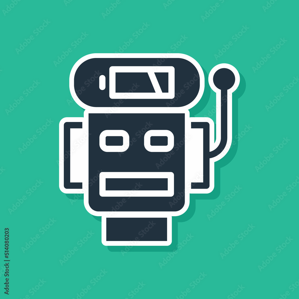 Poster blue robot low battery charge icon isolated on green background. artificial intelligence, machine le