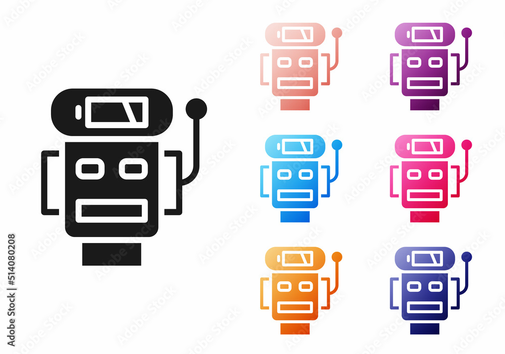 Poster black robot low battery charge icon isolated on white background. artificial intelligence, machine l
