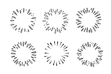 Doodle starburst. outline splash with drops. firework isolated light. decorative simple round frame.