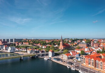 Obraz premium Cityscape of Sonderborg (Sønderborg, Denmark) on sunny summer day. Panoramic aerial view on the city center and castle