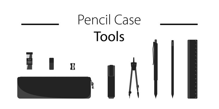 Pencil case icon. Web stationery symbol. Simple stationery tools icons. Set of icons consisting of a case, ruler, pencil, pen, marker, graphite, grater, sharpener, and compass.