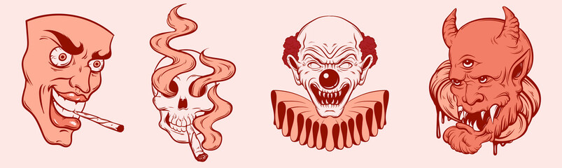 Vector hand drawn illustration of crazy clown, human skull, mask, devil. Creative artwork with . Template for card, poster, banner, print for t-shirt, brochure, label.