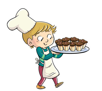 Illustration of chef boy with tray full of cakes