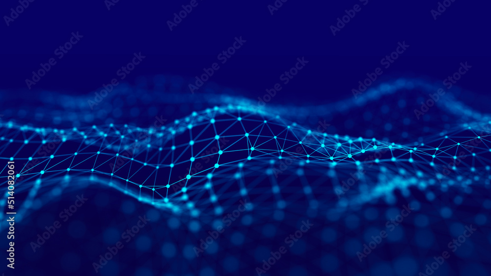 Poster Abstract technology stream background. Digital dynamic wave of dots. Network connection structure. 3D rendering.