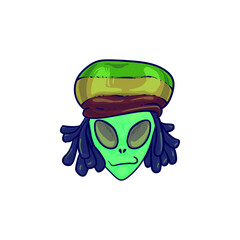Illustration Isolated Cartoon Hand Drawn Alien Head Wearing Rasta Reggae Hat And Dreadlock Hair