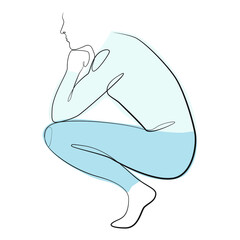 Man squatting sideways one line drawing on white isolated background. Vector illustration