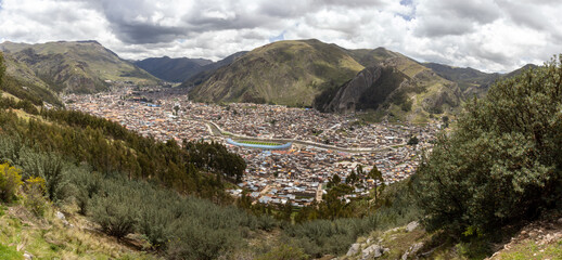 HUANCAVELICA, PERU - JUNE 29, 2022: Panoramic view on a sunny day of the capital city of the department of Huancavelica.