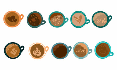Coffee cups. Cappuccino latte americano top view of cartoon hot morning drinks vector illustrations. Cappuccino and latte top view, beverage drink morning