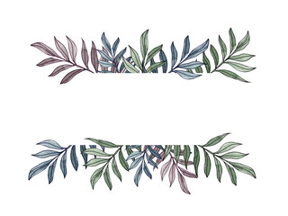 Watercolor abstract floral frame with branches and leaves. Hand drawn illustration with green, blue and purple