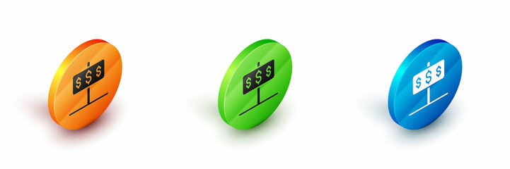 Isometric House with dollar symbol icon isolated on white background. Home and money. Real estate concept. Circle button. Vector