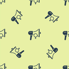 Blue Female movement, feminist activist with banner and placards icon isolated seamless pattern on yellow background. Feminist rights movement, feminism sisterhood. Vector