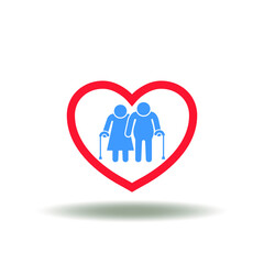 Fototapeta premium Vector illustration of heart with old couple senior. Symbol of elderly health care. Icon of Long Term Care Insurance Medical Service.